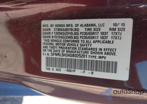 2016 Honda Odyssey Se из США, поврежденный, VIN 5FNRL5H34GB025201